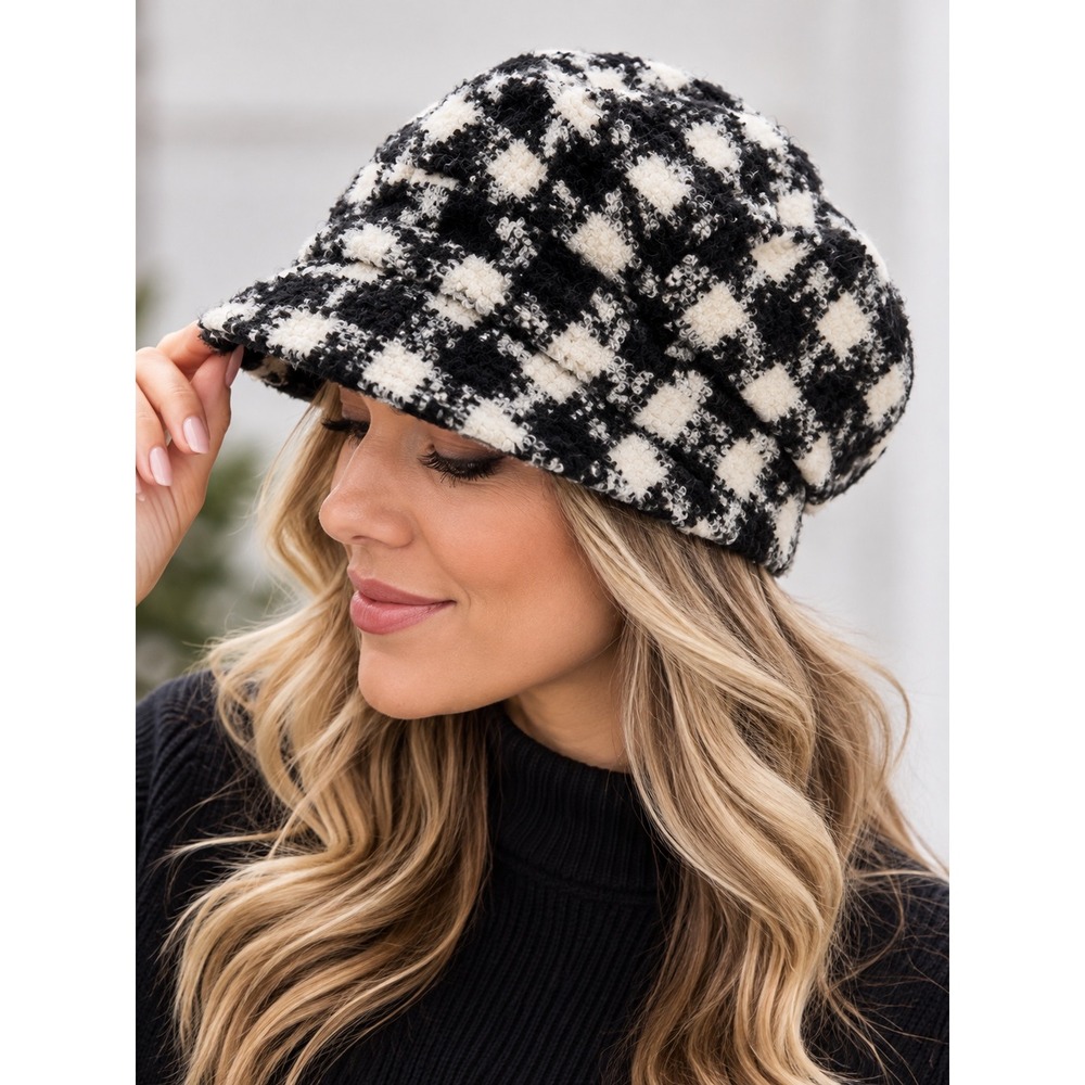 David and Young Black White Plaid Newsboy Cap Hat JCCAB4616 Boucle Check